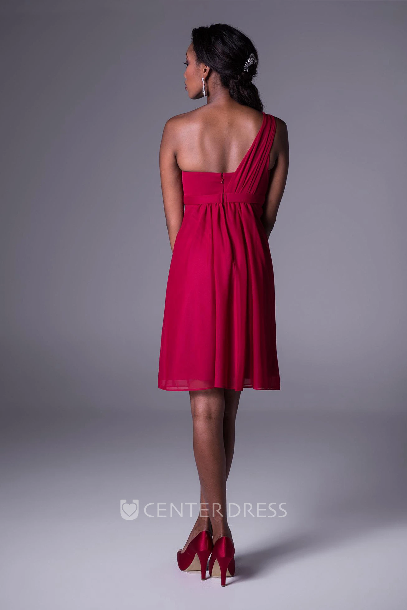 One-Shoulder Empire Short Sleeveless Chiffon Bridesmaid Dress With Ruching And Zipper