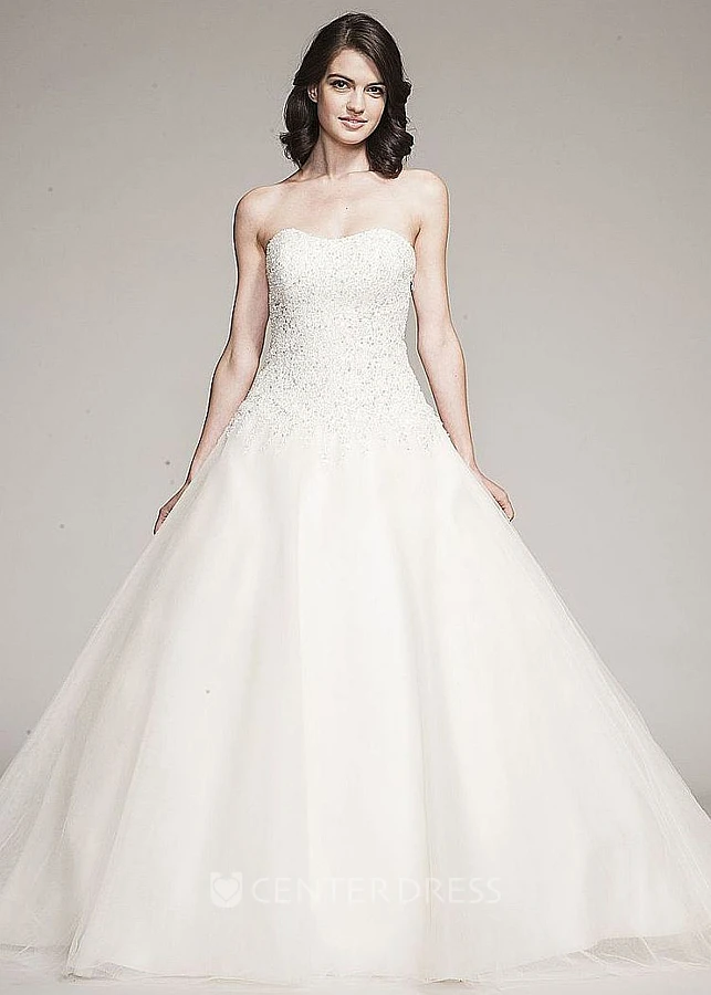 Ball Gown Long Strapless Tulle&Satin Wedding Dress With Beading