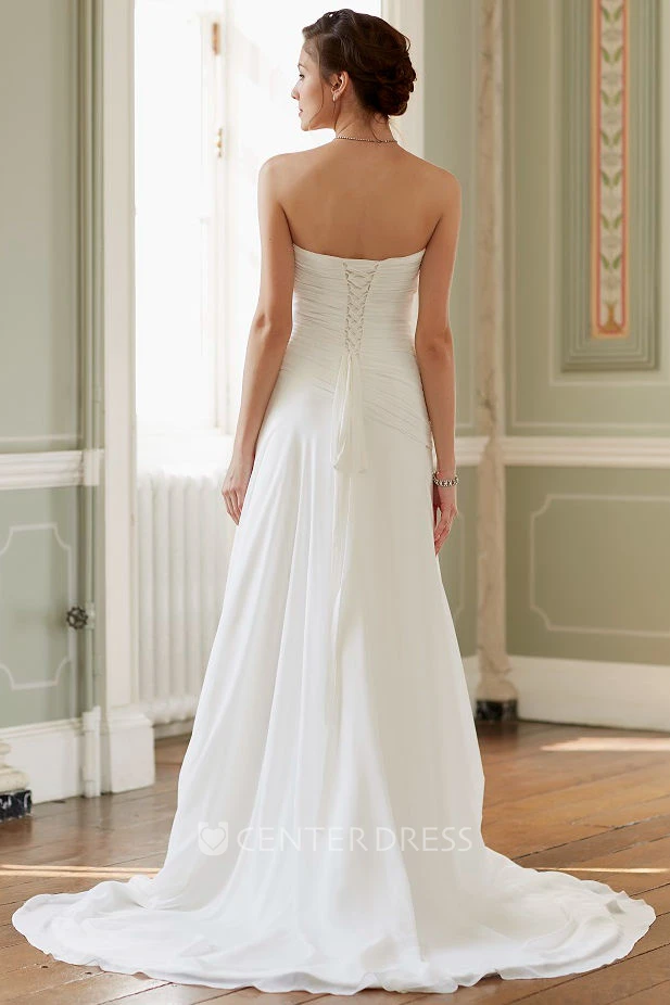 Long Sweetheart Ruched Chiffon Wedding Dress With Court Train And Corset Back