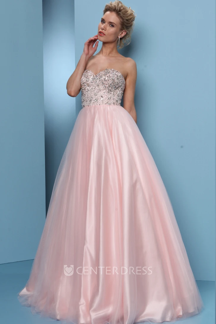 Ball Gown Sweetheart Floor-Length Beaded Sleeveless Tulle&Satin Prom Dress