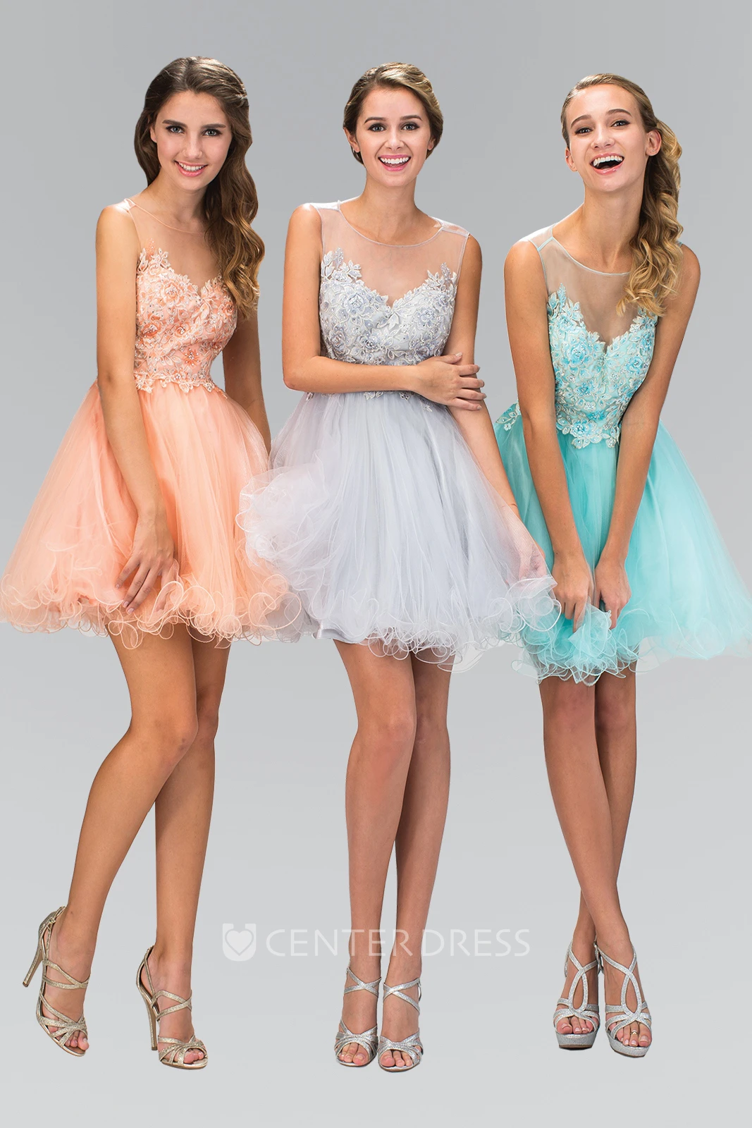 A-Line Short Scoop-Neck Sleeveless Tulle Illusion Dress With Appliques