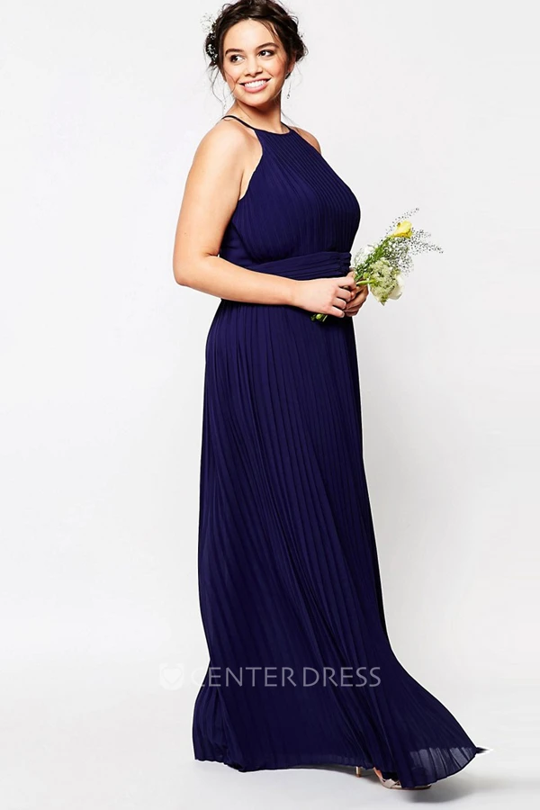 Sheath High Neck Pleated Sleeveless Chiffon Bridesmaid Dress