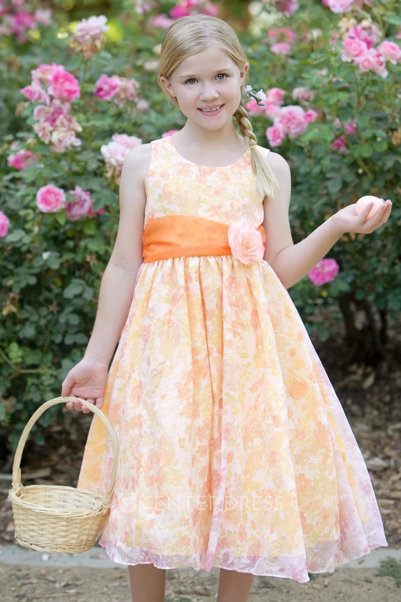Tea-Length Floral Floral Organza Flower Girl Dress