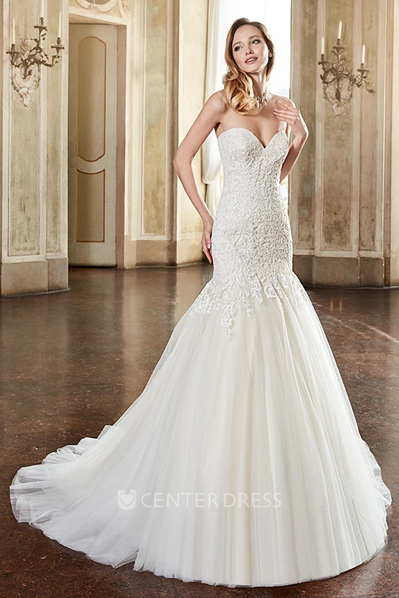 Mermaid Sleeveless Appliqued Maxi Sweetheart Lace&Tulle Wedding Dress