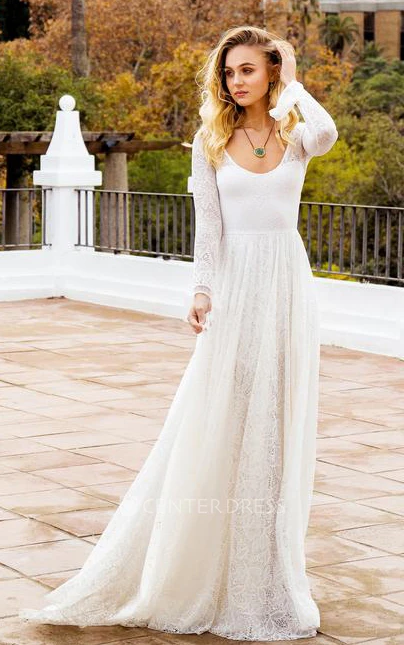 Boho A Line Scoop Neck Lace Floor-length Long Sleeve Winter Wedding Dress with Keyhole Back