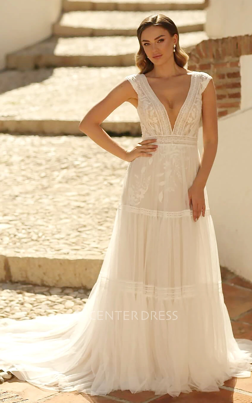 Vintage Sexy Boho Beach Spaghetti Sleeveless Backless Wedding Dress A-Line  V-neck Court - UCenter Dress