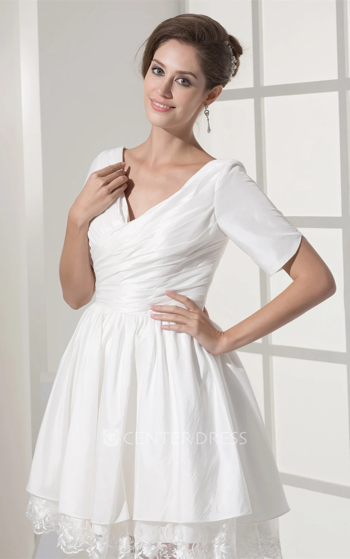 Mini-Sleeve Criss-Cross Short V-Neck Dress With Appliques