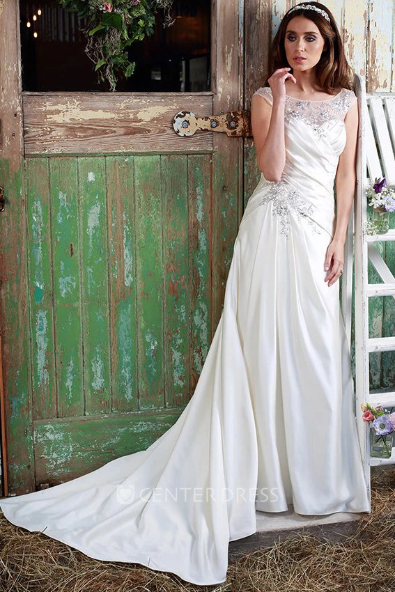 Scoop-Neck Maxi Ruched Cap-Sleeve Satin Wedding Dress With Crystal Detailing