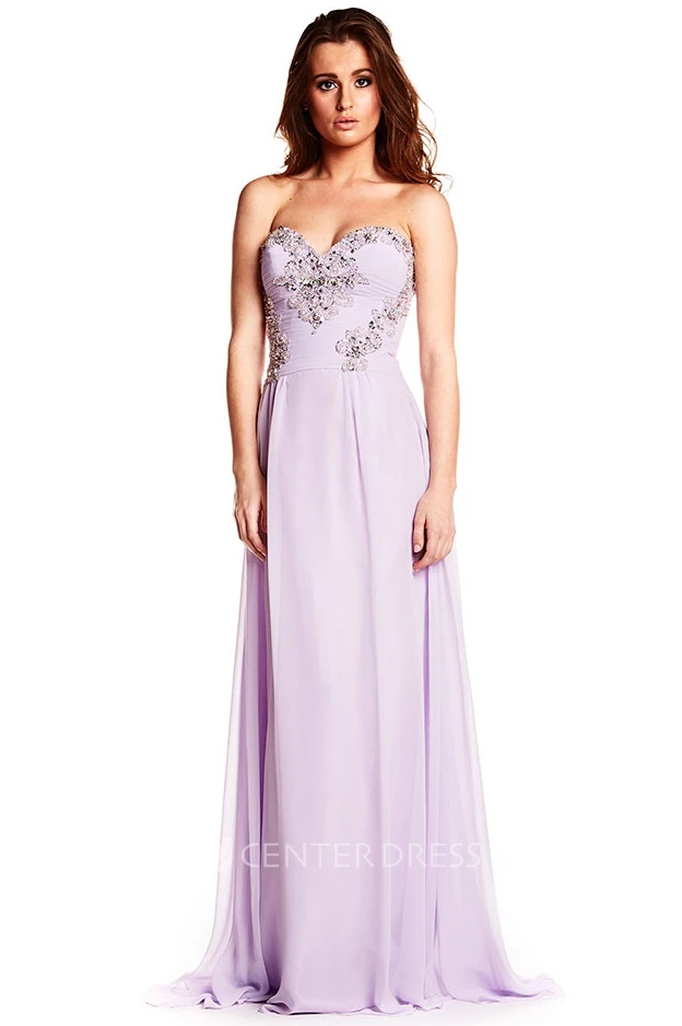 Sleeveless Ruched Sweetheart Chiffon Prom Dress With Beading And Lace-Up