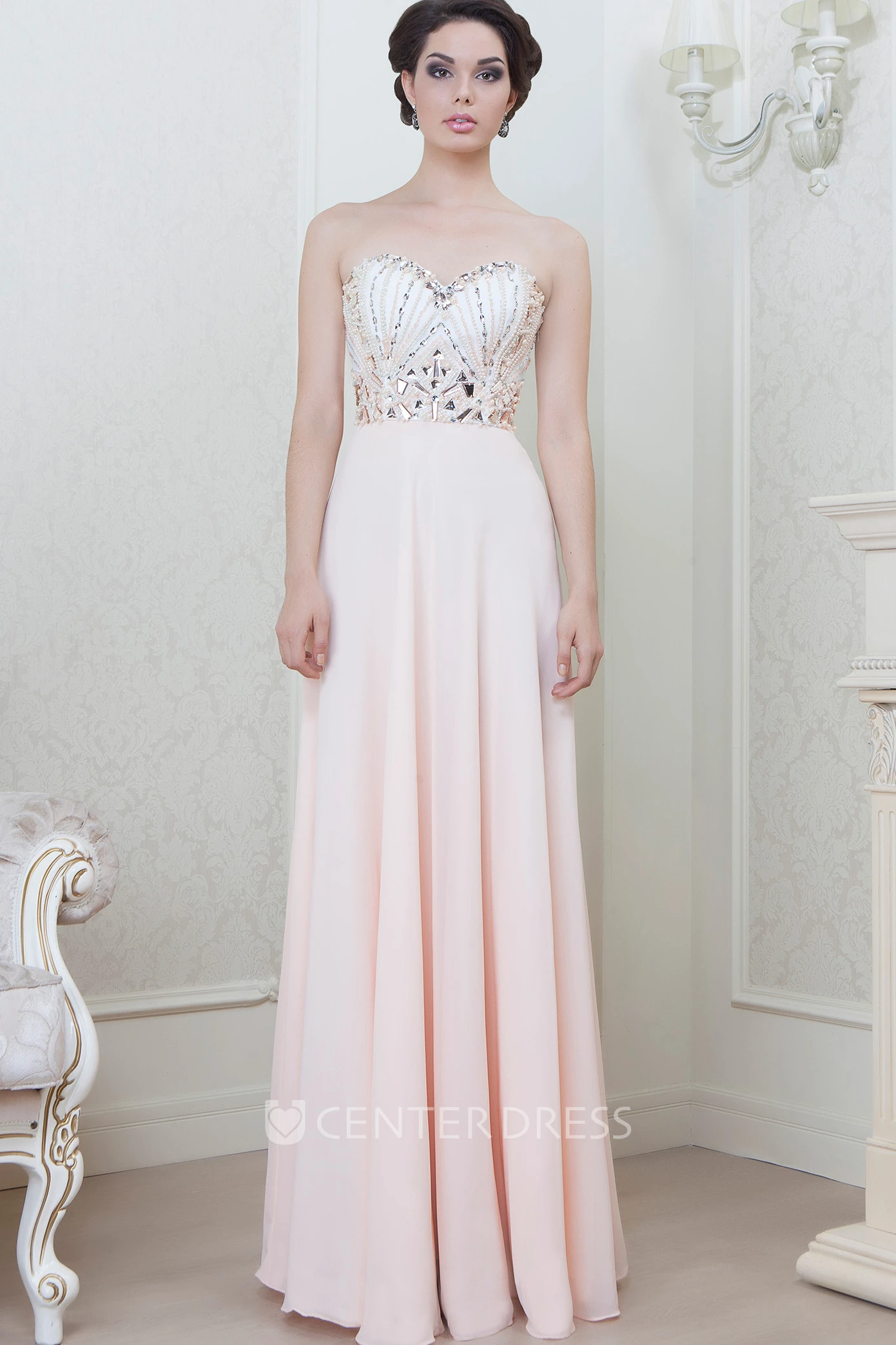 Sheath Long Beaded Sweetheart Sleeveless Chiffon Evening Dress