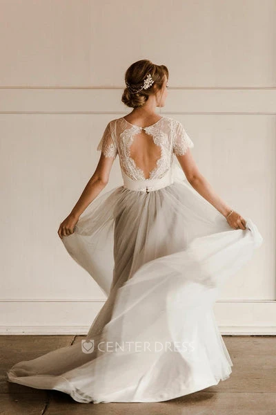 Tulle Bohemian A-Line Jewel Neckline Wedding Dress With Keyhole Back And Appliques