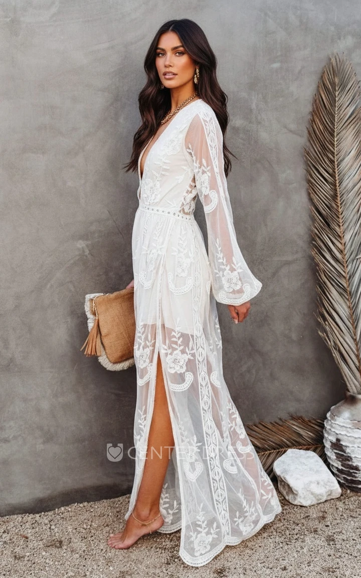 Beach Plunging V-neck Boho Lace Flower Long Sleeve Sheath Spring Wedding Dress Floor-length Split Front