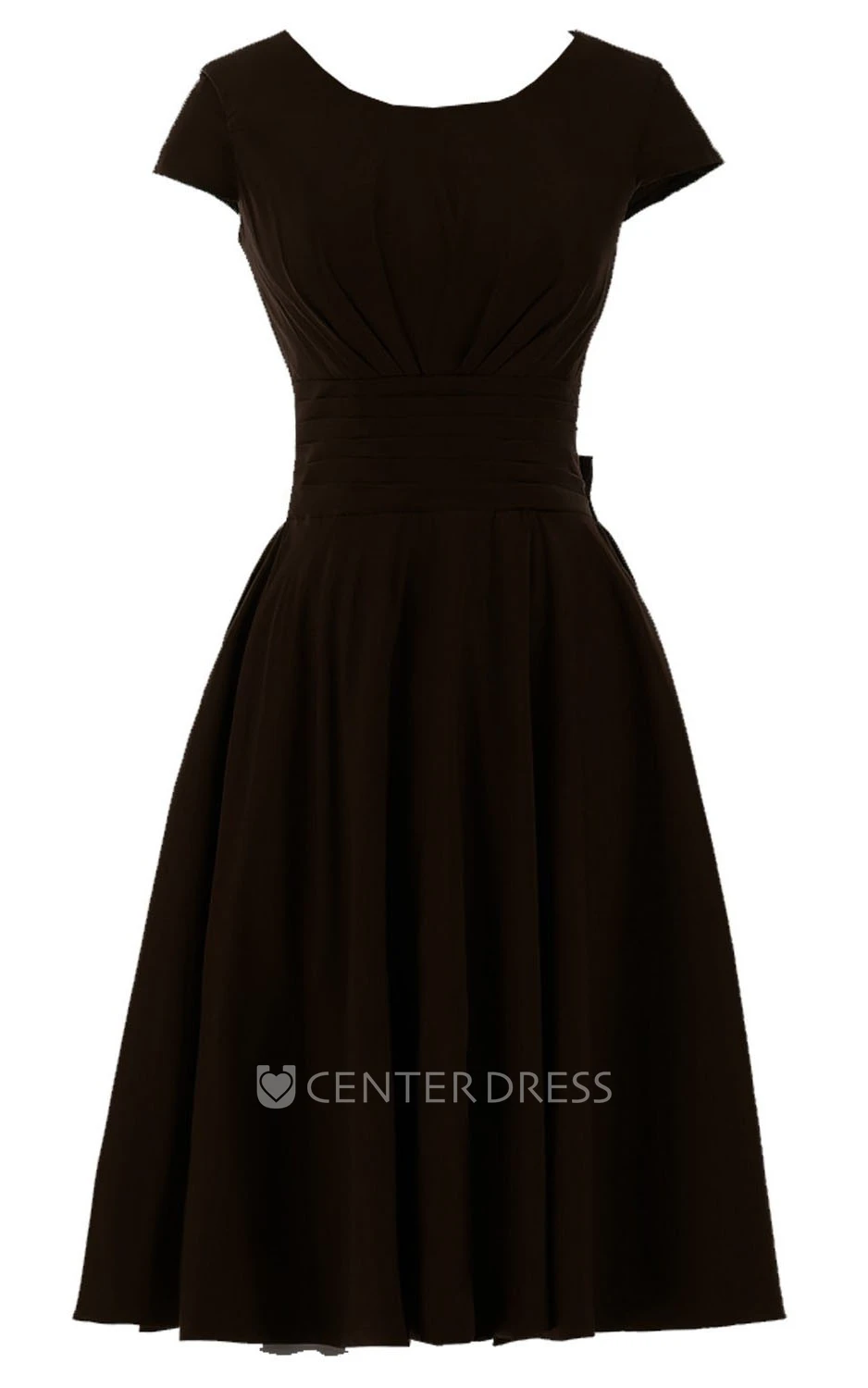 Short Sleeve Knee-length Pleated Chiffon Dress With Bowknot