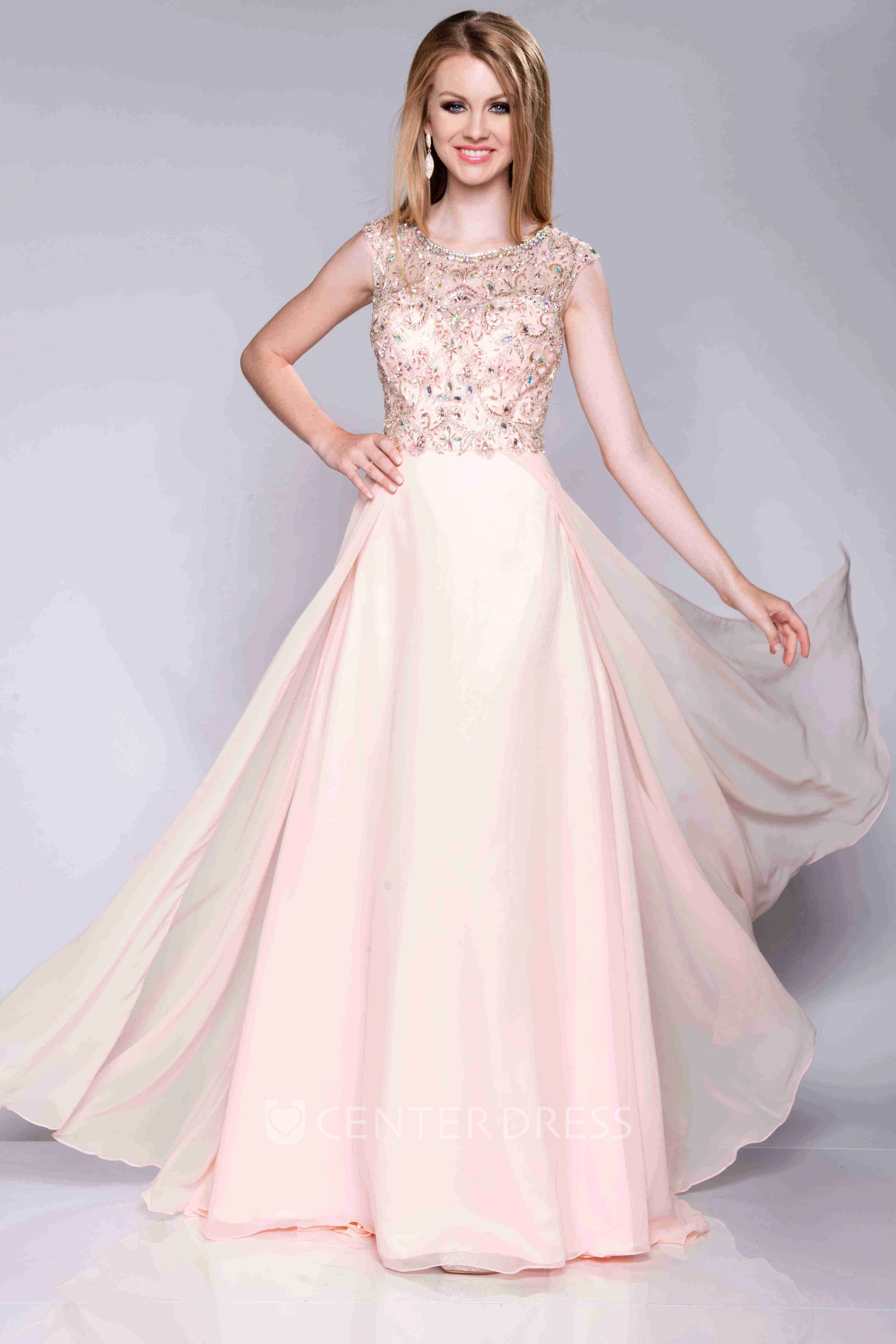 Cap Sleeve A-Line Chiffon Bateau Neck Prom Dress With Keyhole Back