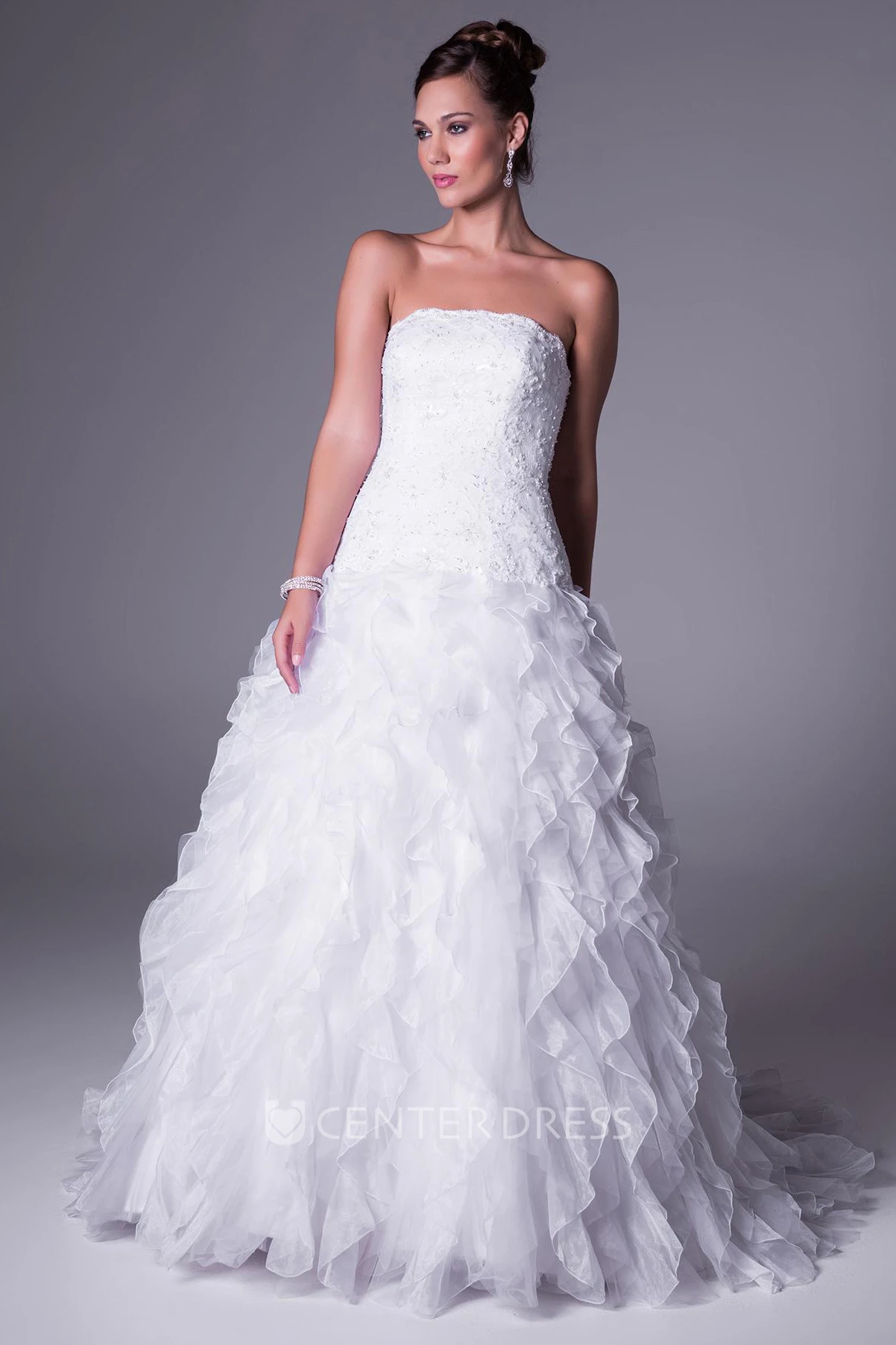 A-Line Floor-Length Sleeveless Strapless Cascading-Ruffle Organza Wedding Dress With Beading