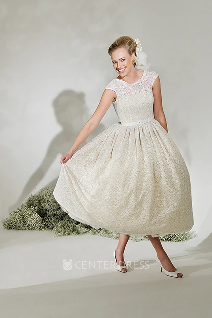 Tea-Length A-Line Cap Sleeve Ribboned Scoop Neck Lace Wedding Dress