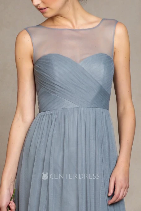 Sleeveless Bateau Neck Criss-Cross Empire Tulle Bridesmaid Dress