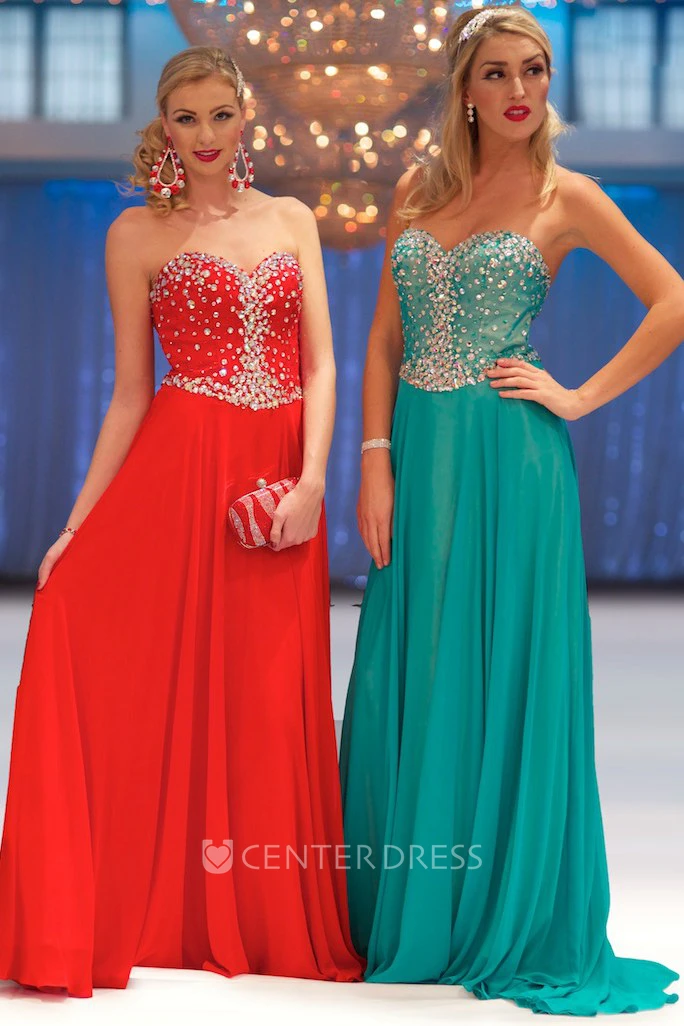 A-Line Sweetheart Sleeveless Beaded Maxi Chiffon Prom Dress With Pleats
