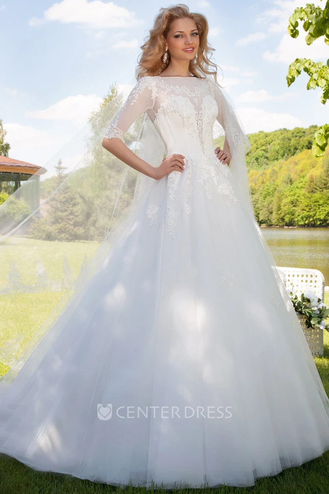 Ball Gown Bateau Neck Illusion Sleeve Appliqued Tulle Wedding Dress