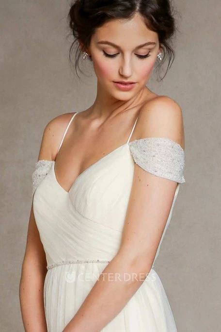 A-Line Jeweled Floor-Length Spaghetti Tulle Wedding Dress With Pleats