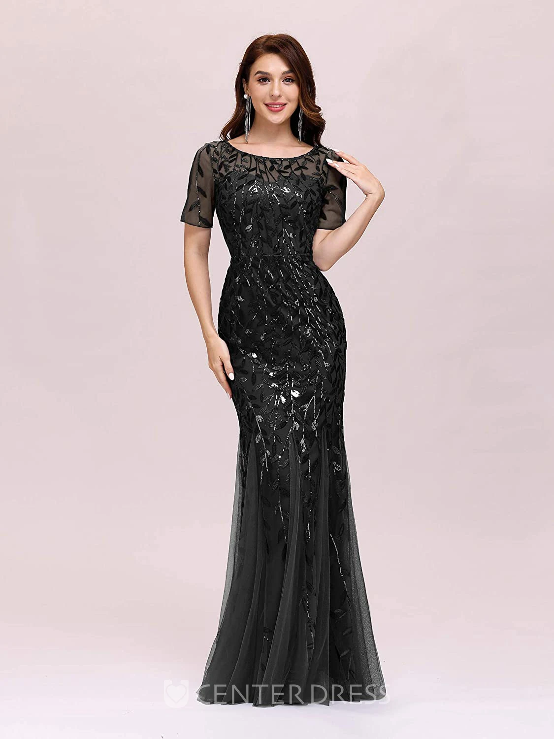 Trumpet Short Sleeve Tulle Sequins Elegant Zipper Illusion Dress with Pleats
