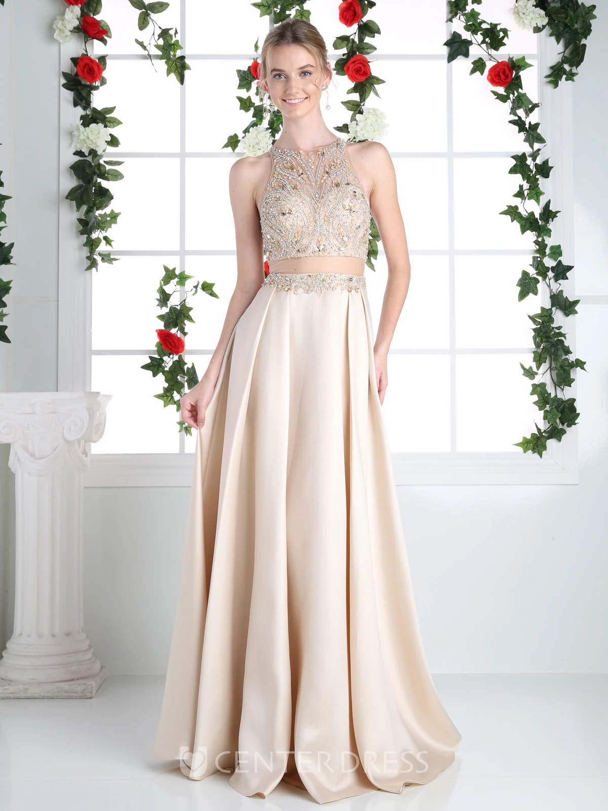 Two-Piece A-Line Long Jewel-Neck Sleeveless Satin Illusion Dress With Crystal Detailing