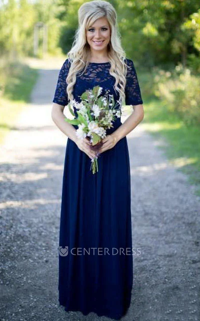 Half-sleeved Scoop Neck A-line Chiffon Lace Dress