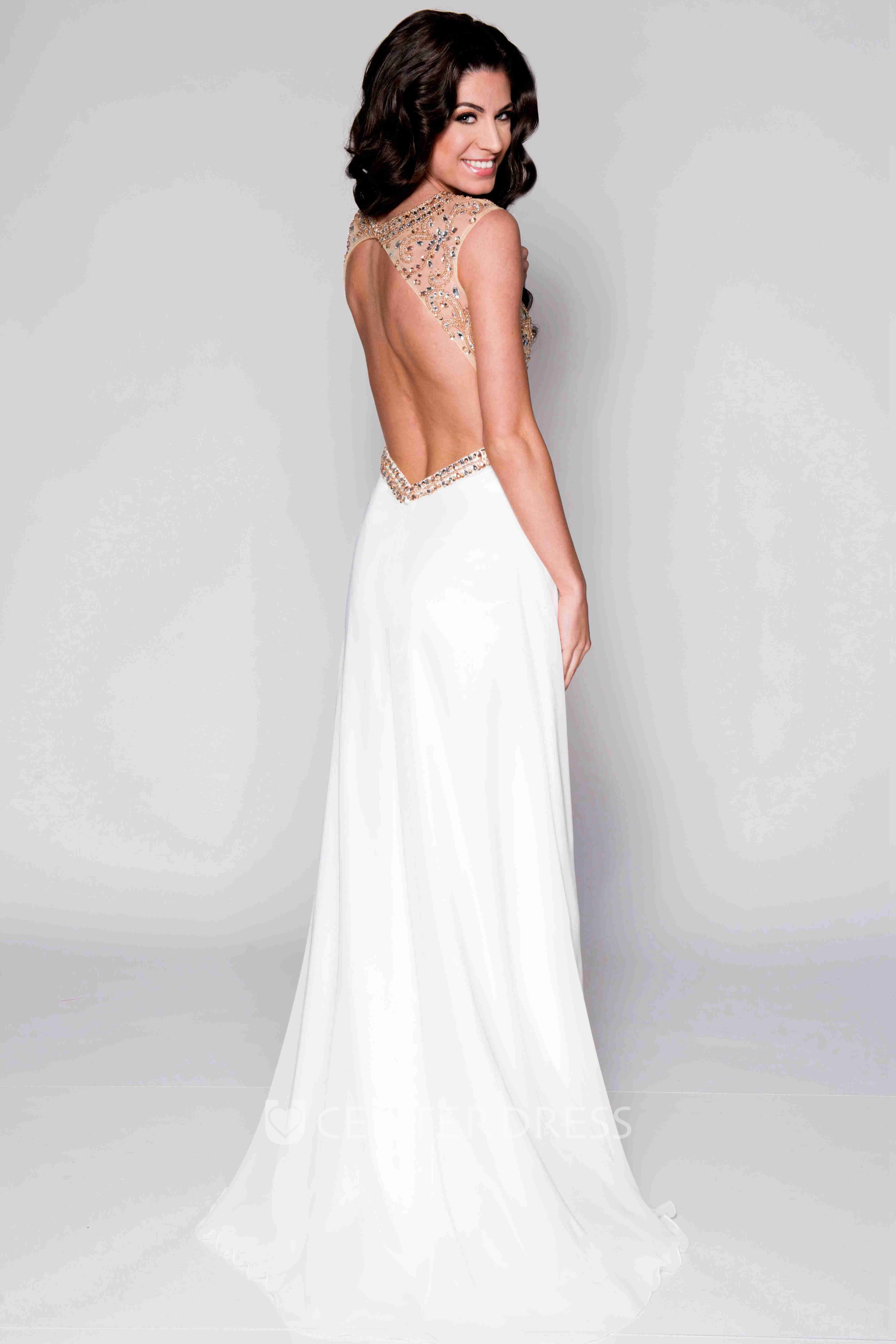 Beaded Bodice A-Line Chiffon Prom Dress With Bateau Neckline