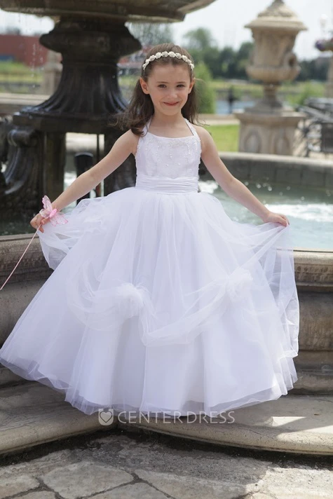 Flower Girl Halter Tulle Ball Gown With Flower