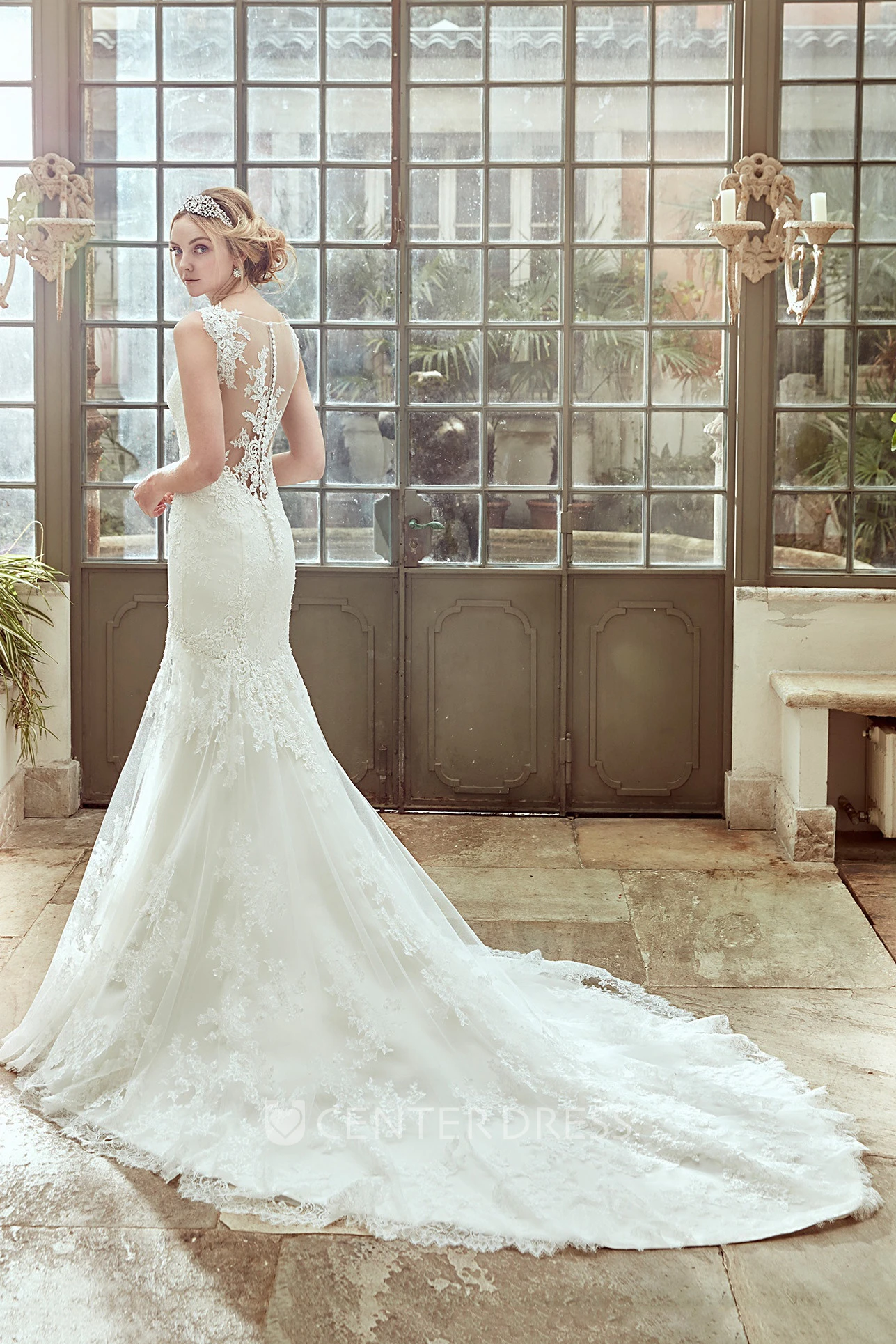 Strap-Neck Lace Wedding Dress With Illusive Back and Chapel Train