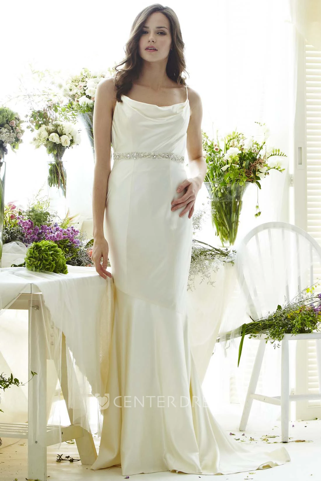 Floor-Length Spaghetti Jeweled Satin Wedding Dress With Brush Train And V Back