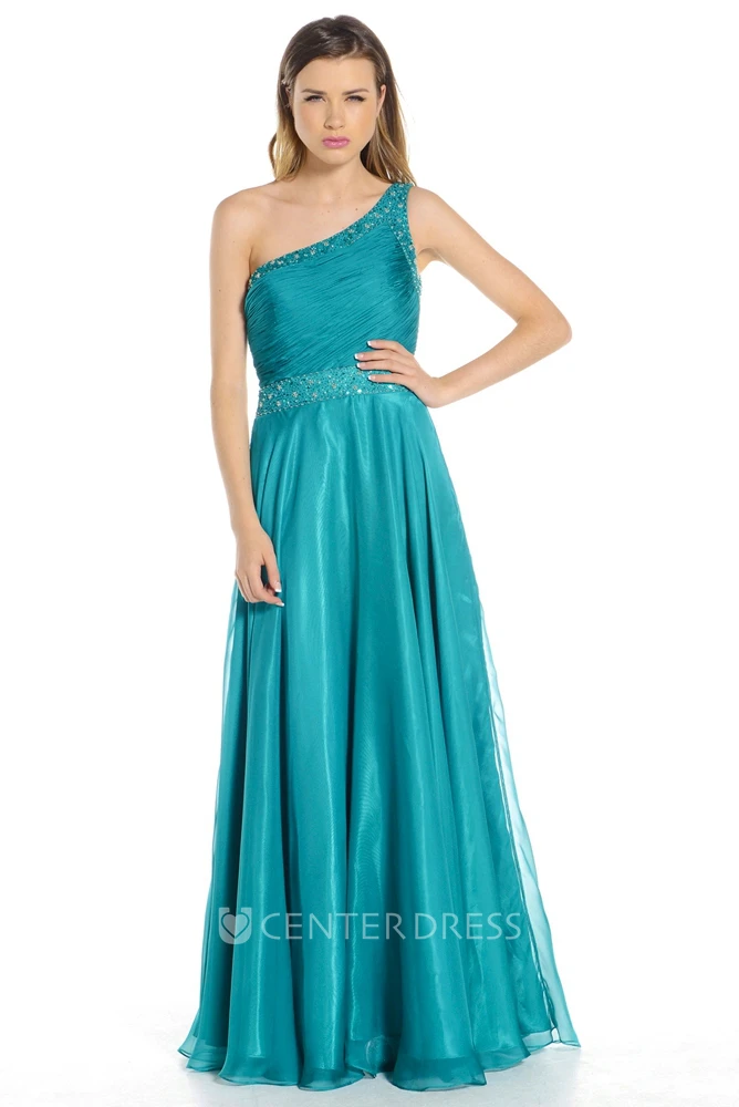 One-Shoulder Ruched Sleeveless Chiffon Prom Dress With Beading And Straps