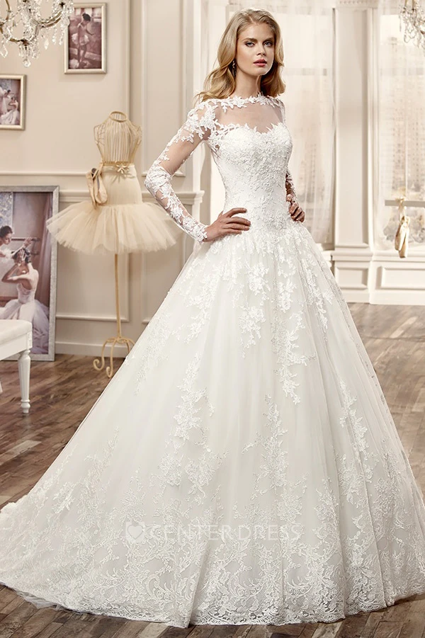 Long-Sleeve A-line Wedding Dress with Brush Train and Appliques