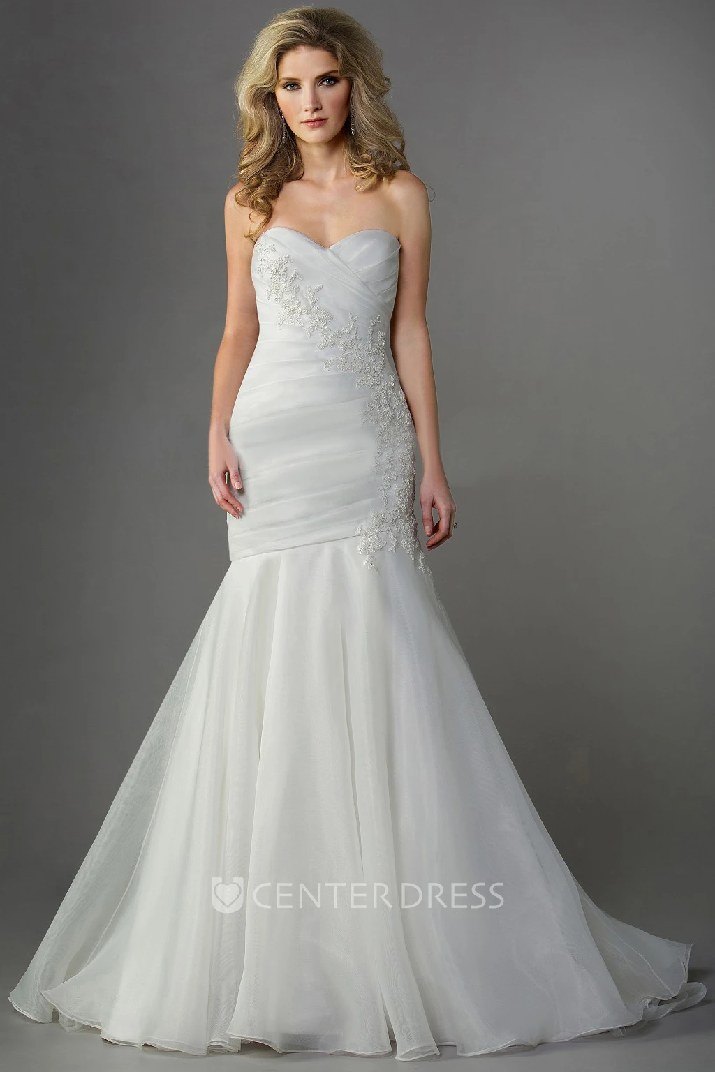 Sweetheart Mermaid Gown With Dropped Waistline And Appliques