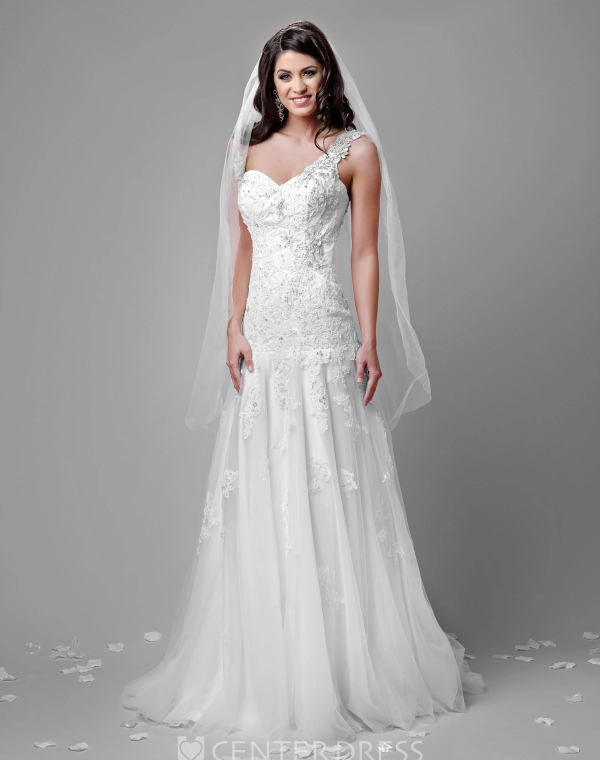 One-Shoulder Lace And Tulle A-Line Wedding Dress With Dropped Waistline