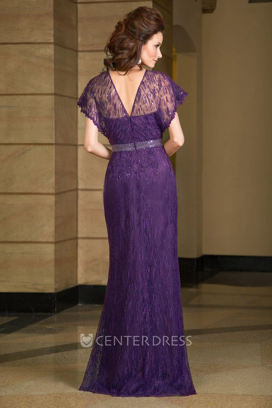Short-Sleeved V-Neck Long Mother Of The Bride Dress With Sequins And V-Back