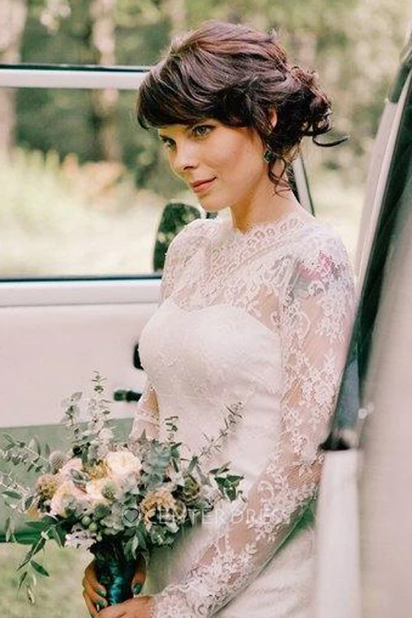 High Neck Lace Long Sleeve Knee-Length Wedding Dress