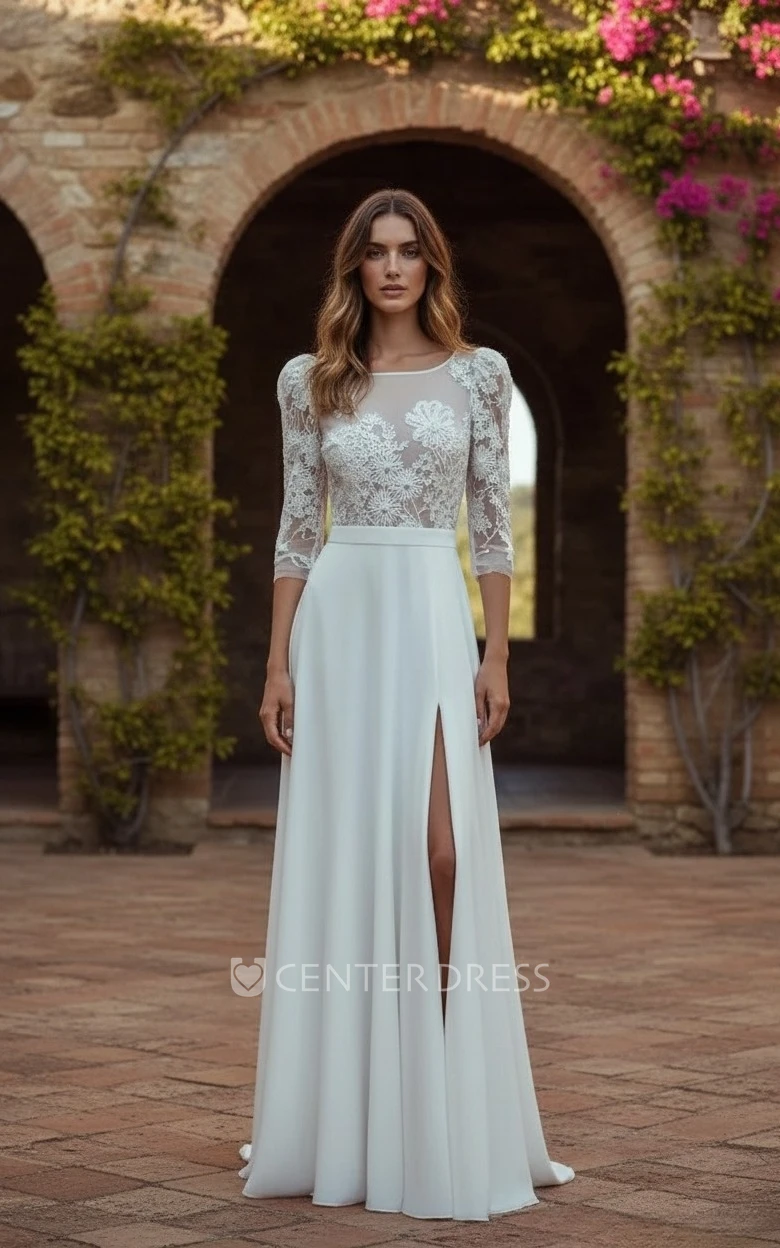 Boho Lace Wedding Dress with 3/4 Sleeves A-Line Boat Neck Bridal Gown with Slit