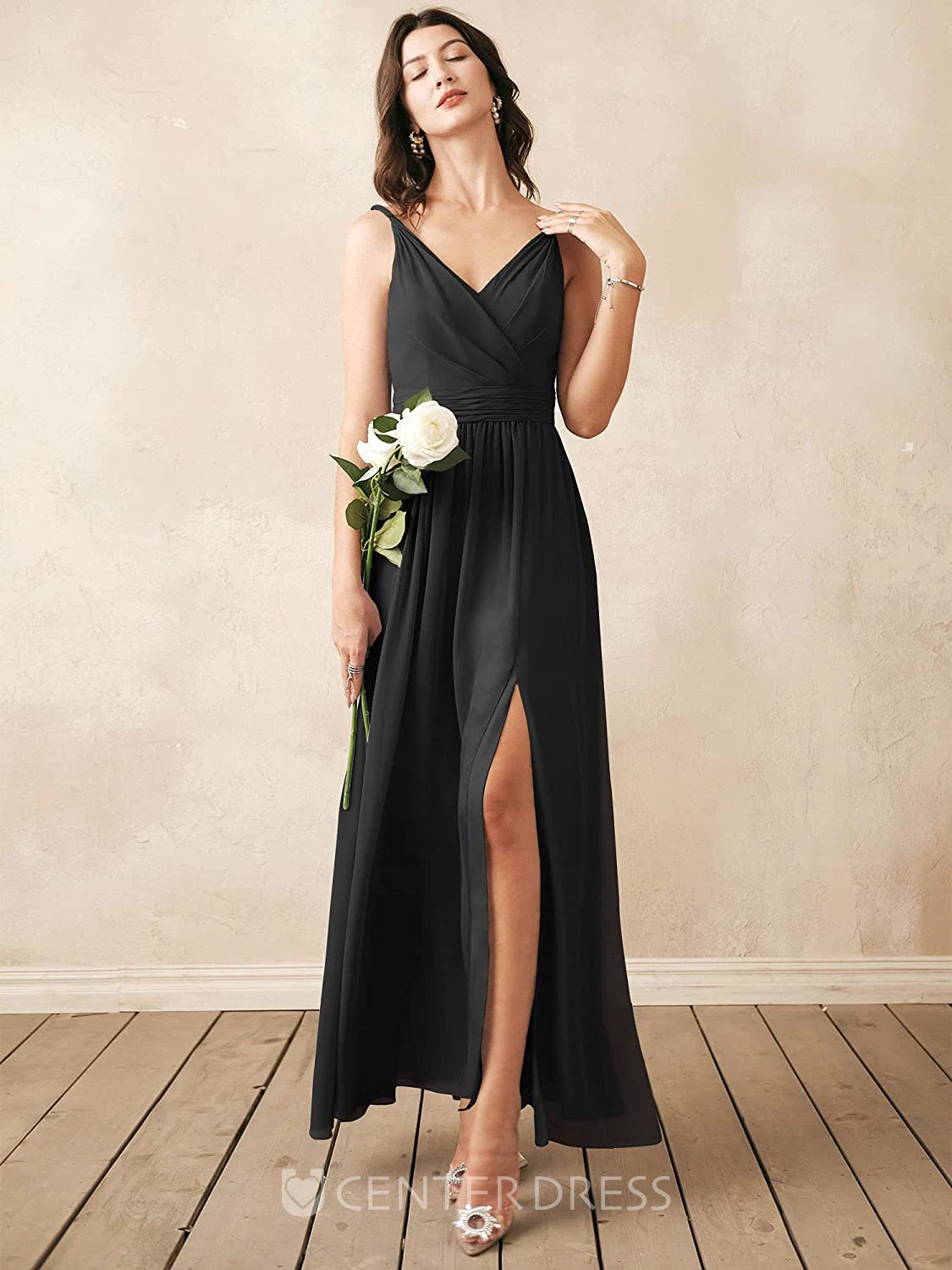 Sexy Chiffon Ankle-length V-neck A Line Sleeveless Bridesmaid Dress With Ruching