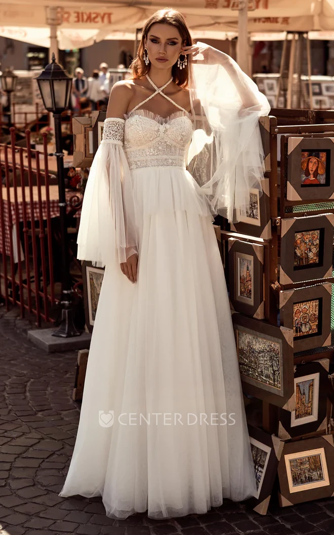 Elegant Halter Illusion Garden Lace Wedding Dress with Lace-up/Corset Back Appliques