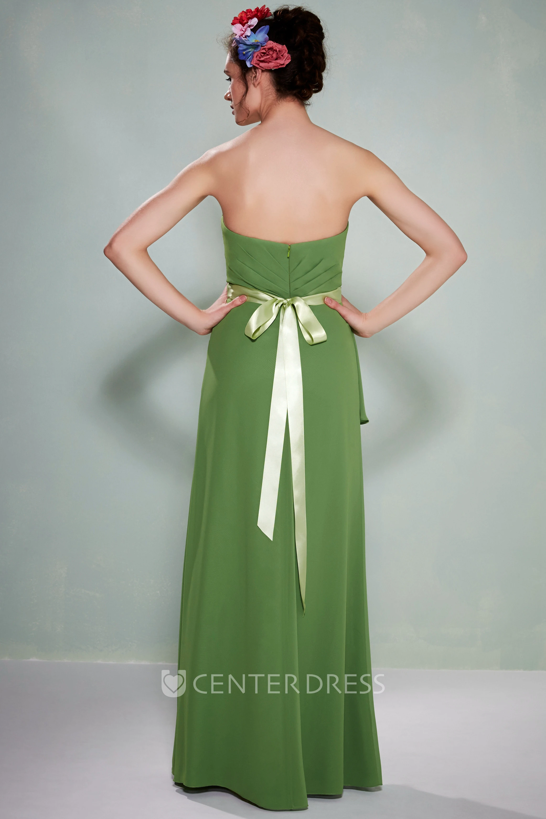 Criss-Cross Strapless Chiffon Bridesmaid Dress With Draping And Sash
