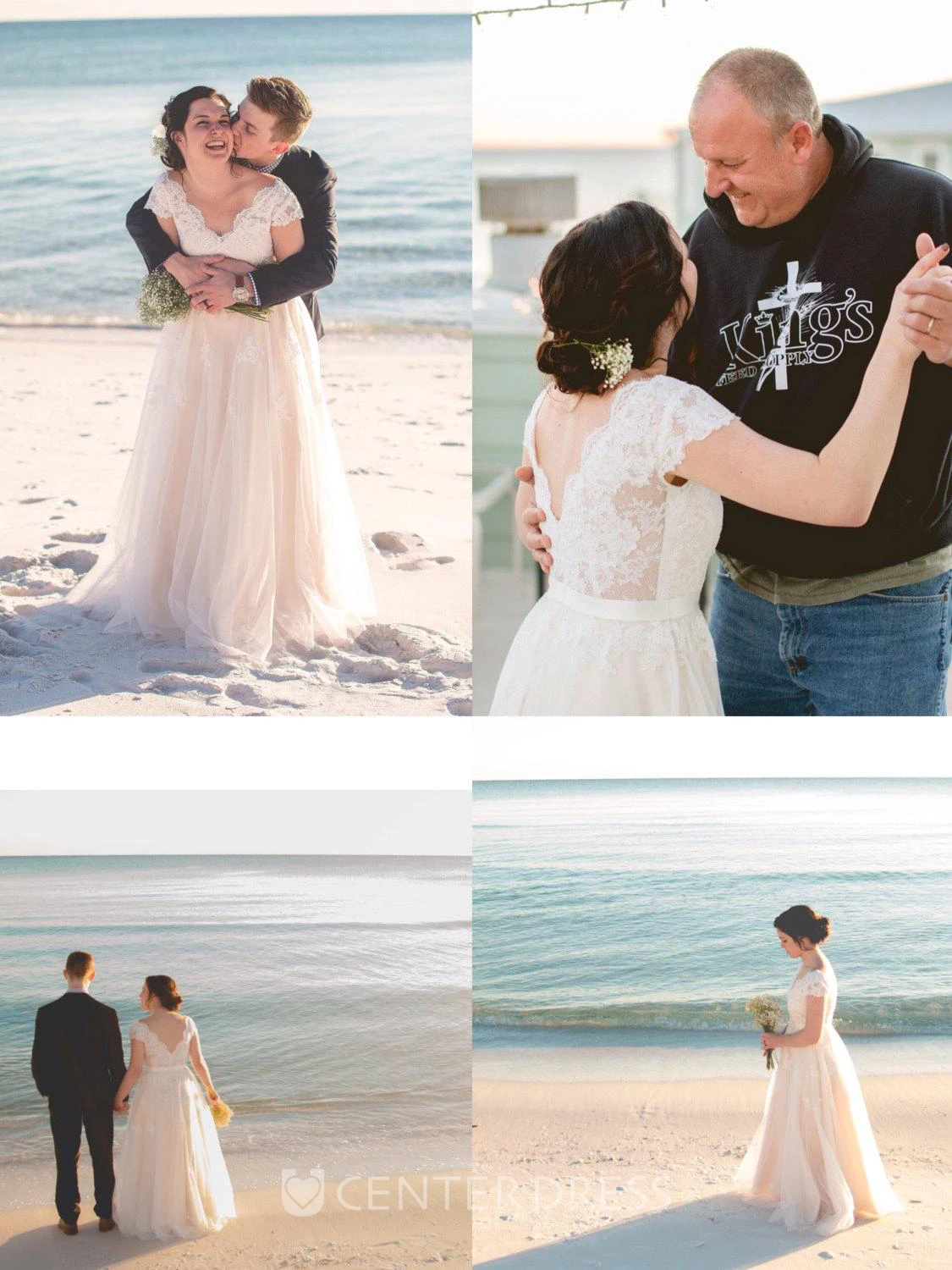 Cap Sleeve V-Neck Lace Elegant Boho Warm Wedding Dress With Tulle Skirt and V-Back