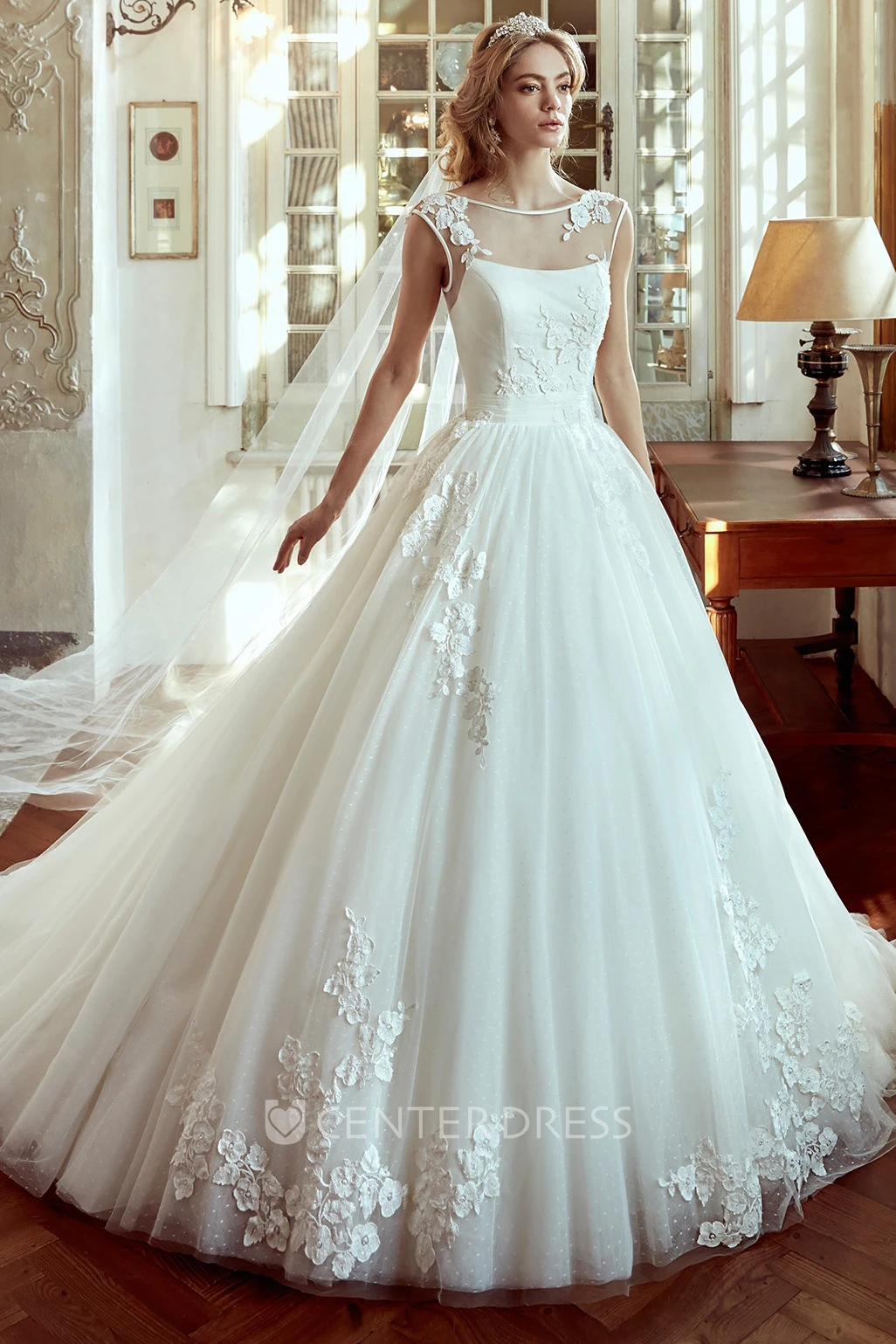 Jewel-Neck Cap-Sleeve A-Line Gown With Lace Appliques And Open Back