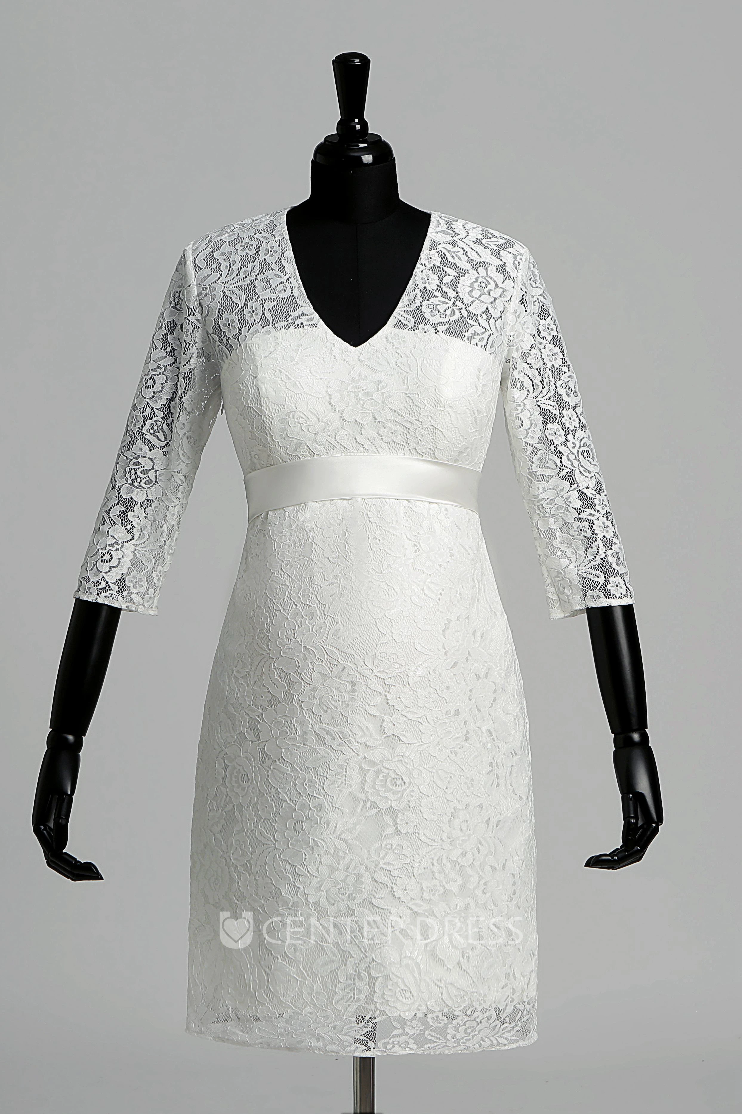 Lace A-line V-neck Illusion 3/4 Length Sleeve Ruched Maternity Wedding Dress