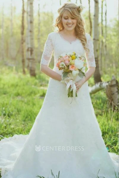 A Line V-neck Lace Zipper Wedding Gown
