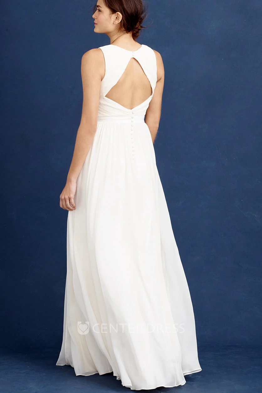 A-Line Maxi Jeweled Sleeveless V-Neck Chiffon Wedding Dress With Pleats