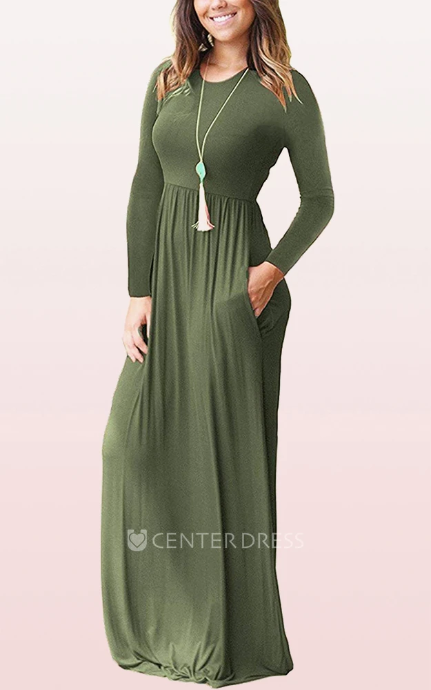 Casual A Line Jersey Long Sleeve Bateau Mother Dress With Pockets