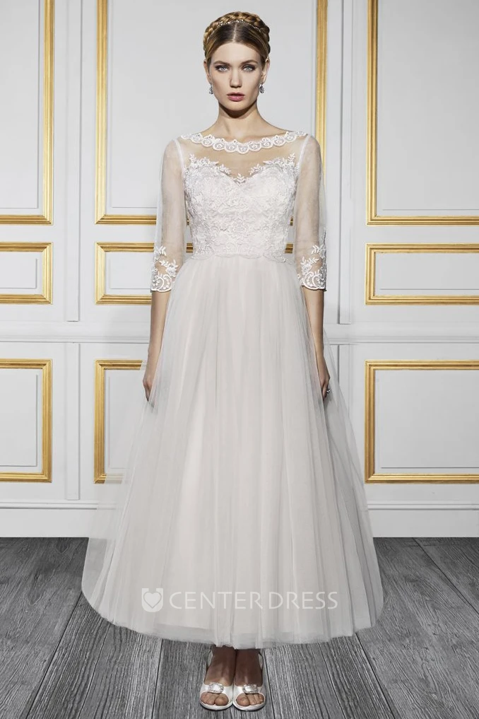 Ankle-Length Bateau Neck 3-4 Sleeve Appliqued Tulle Wedding Dress