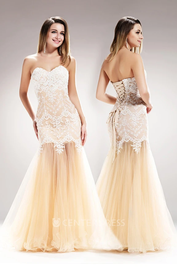 Mermaid Long Sweetheart Sleeveless Tulle Lace Lace-Up Dress With Appliques