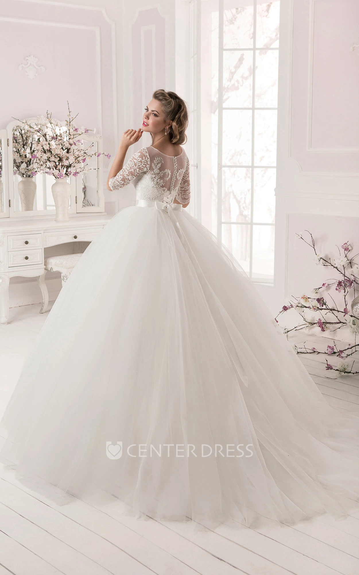 Ball Gown Lace&Tulle Long Sleeve Dress with Crystal Detailing